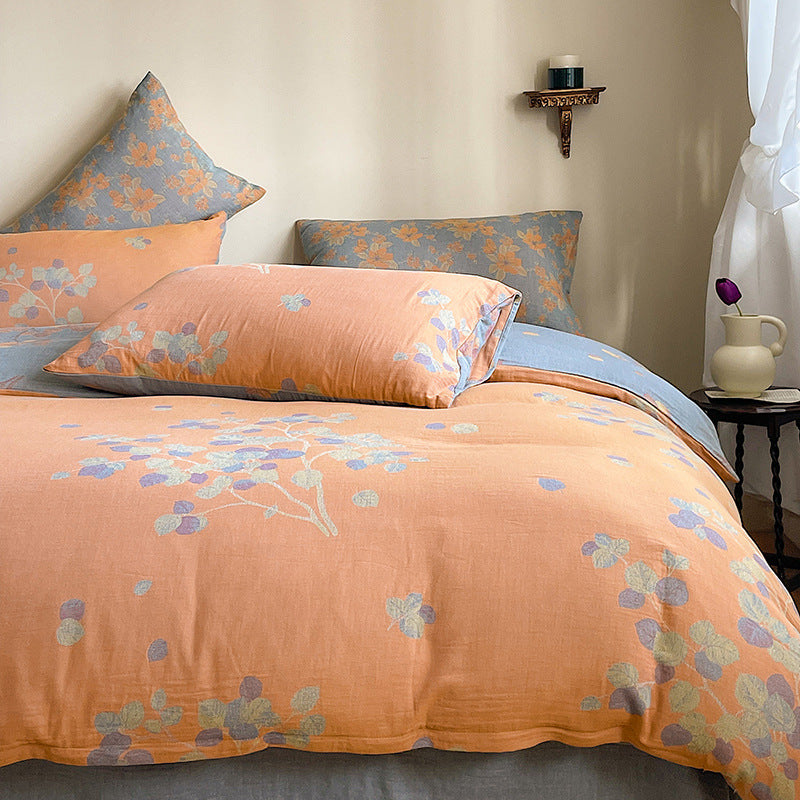 KTX-004051 French Yarn-Dyed Jacquard Cotton Gauze 4-Piece Bedding Set - Floral Design