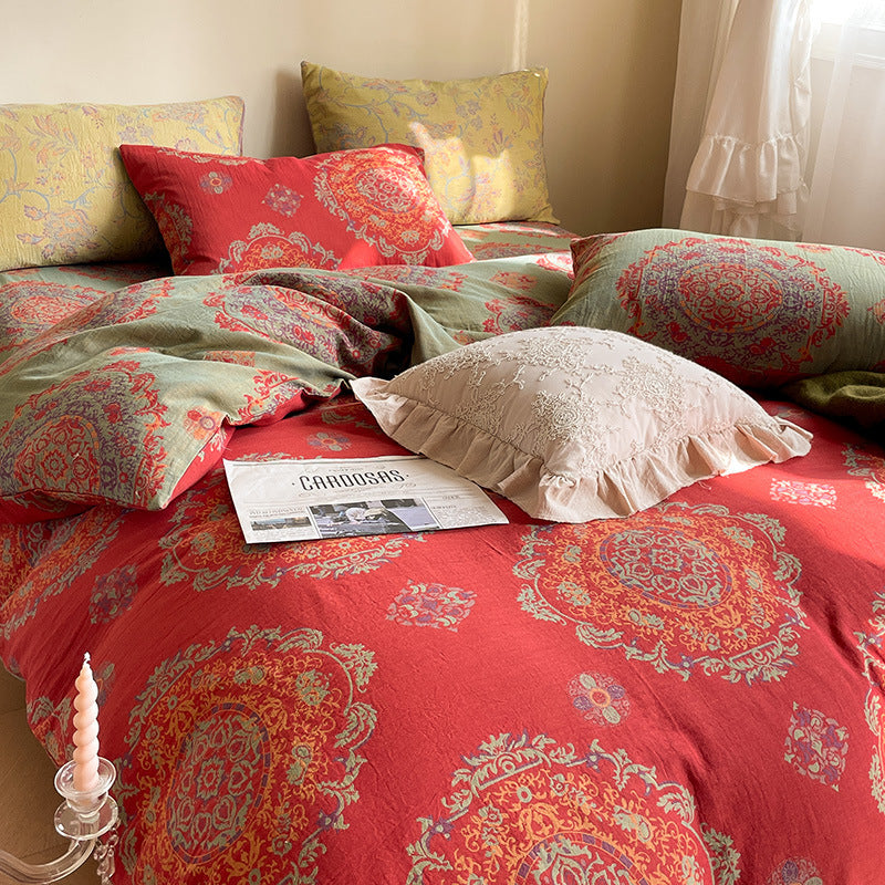 KTX-004051 French Yarn-Dyed Jacquard Cotton Gauze 4-Piece Bedding Set - Floral Design