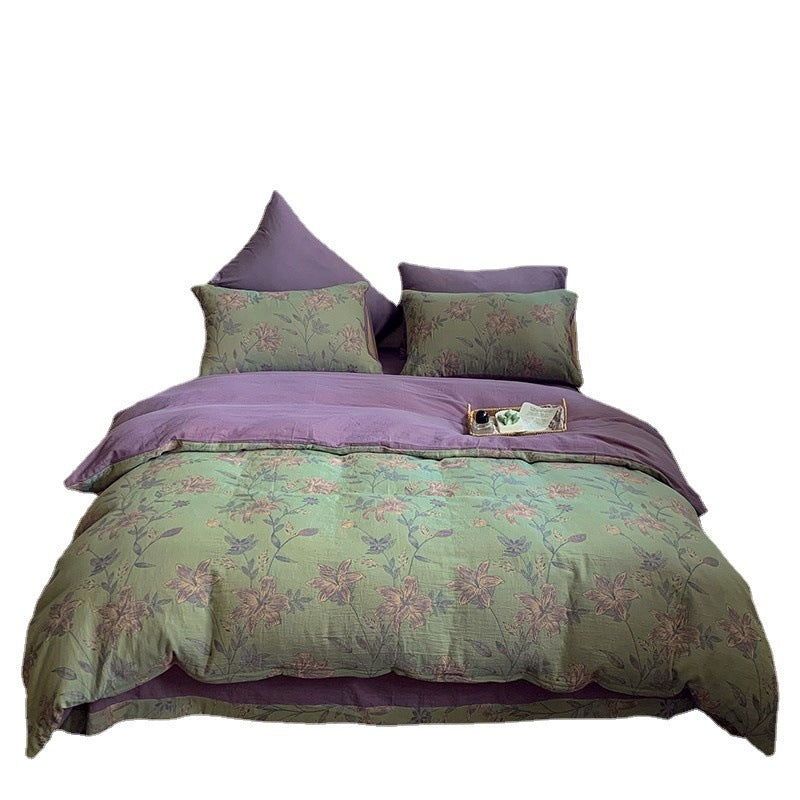 KTX-004051 French Yarn-Dyed Jacquard Cotton Gauze 4-Piece Bedding Set - Floral Design