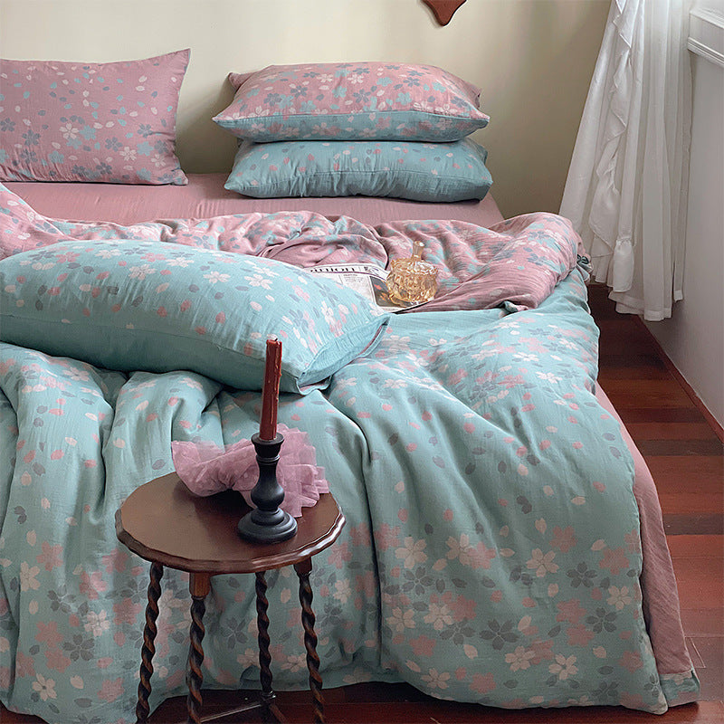 KTX-004051 French Yarn-Dyed Jacquard Cotton Gauze 4-Piece Bedding Set - Floral Design