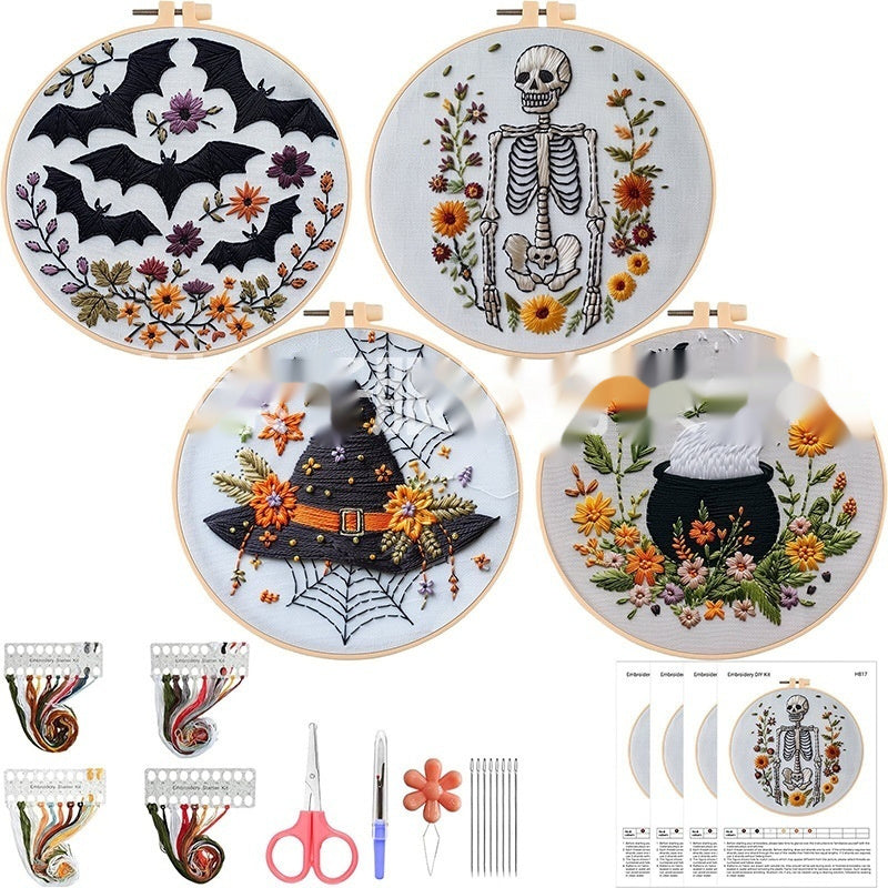 KTX-004243 Embroidery Skull Bat Design with Cotton and Linen Material – 15cm Bamboo Frame Included