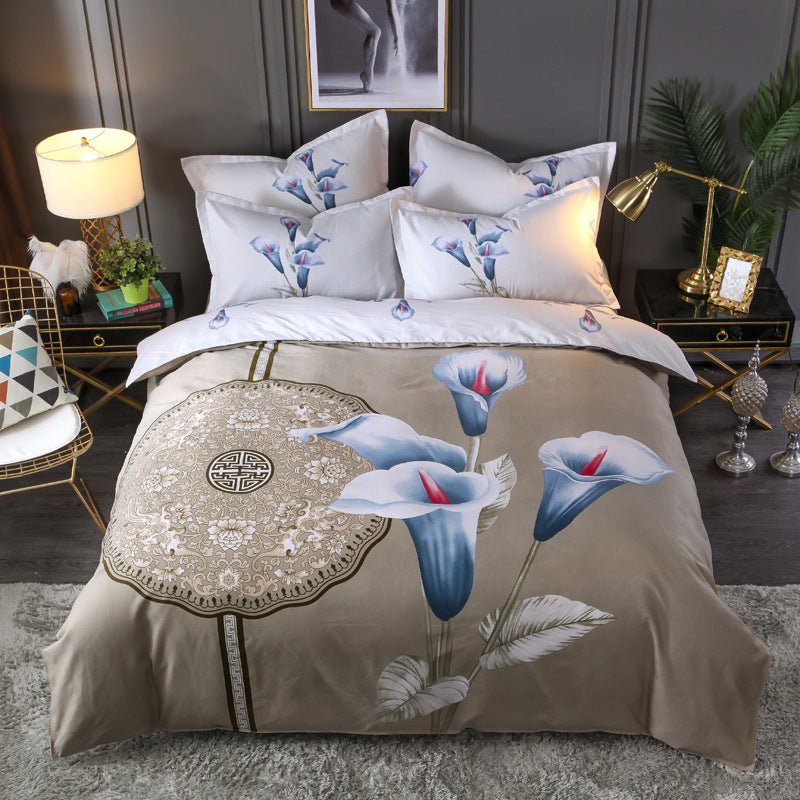 KTX-004563 Floral Patterned Four-Piece Cashmere Bed Set for 1.5m, 1.8m, and 2.0m Beds