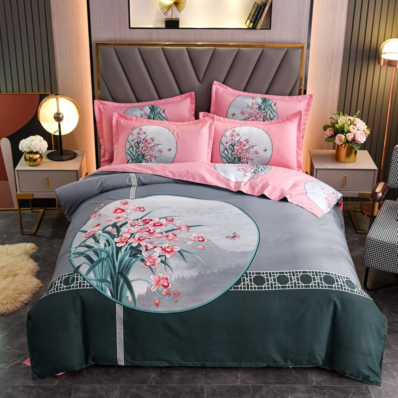 KTX-004563 Floral Patterned Four-Piece Cashmere Bed Set for 1.5m, 1.8m, and 2.0m Beds