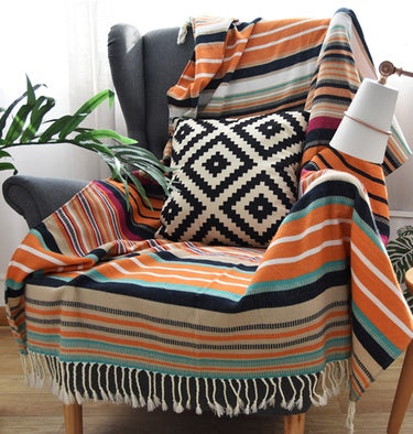 KTX-004563 Indian Striped Tassel Blanket - Acrylic, 130x170cm, National Style for Spring & Autumn