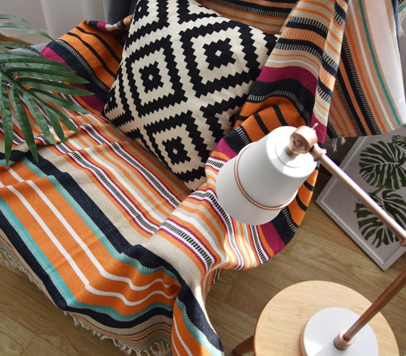 KTX-004563 Indian Striped Tassel Blanket - Acrylic, 130x170cm, National Style for Spring & Autumn