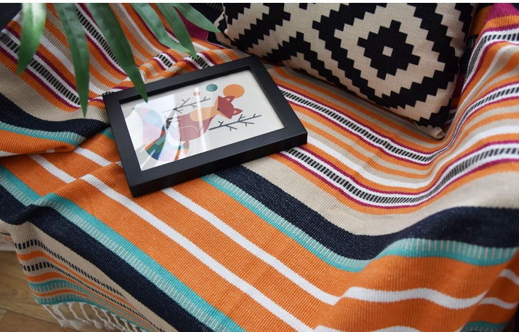 KTX-004563 Indian Striped Tassel Blanket - Acrylic, 130x170cm, National Style for Spring & Autumn