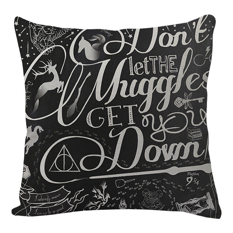 KTX-004691 Black Linen Digital Printed Pillowcase with English Letter Icon, 45x45cm