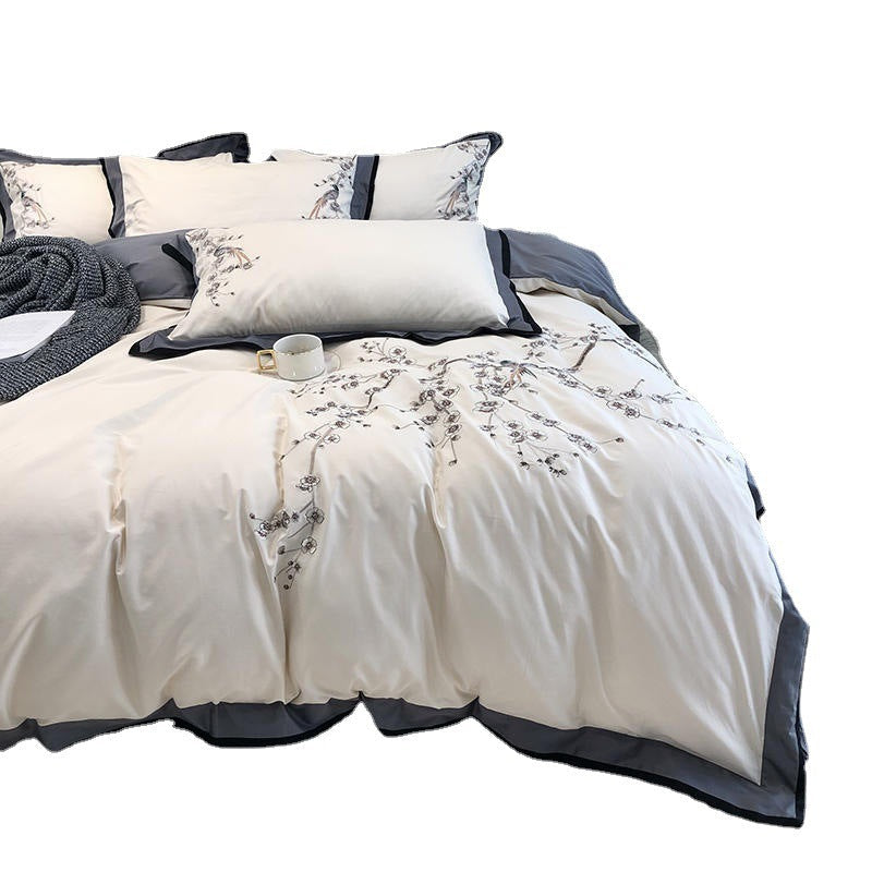 KTX-005395 100-Thread Count Long-Staple Cotton Four-Piece Bedding Set with Plant and Flower Design