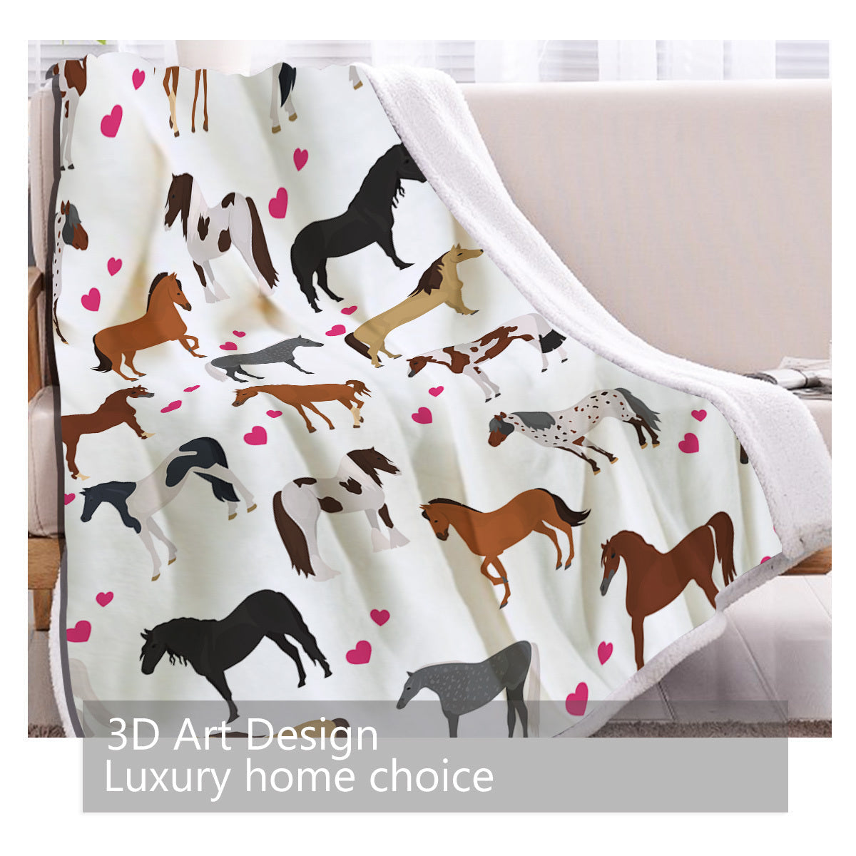 KTX-005395 Soft Lamb Wool Fleece Blanket with Heart and Horse Design - Versatile for Home, Office, and Outdoor Use