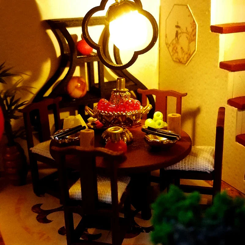 KTX-005651 Chinese Style Wooden Dollhouse Furniture Set for Kids, Miniature Puzzle Toy for Ages 5-7