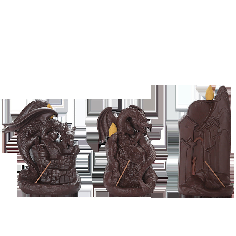 KTX-006483 Ceramic Incense Burner with Flying Dragon and Mountain Water Design, 11cm Long and 15cm High