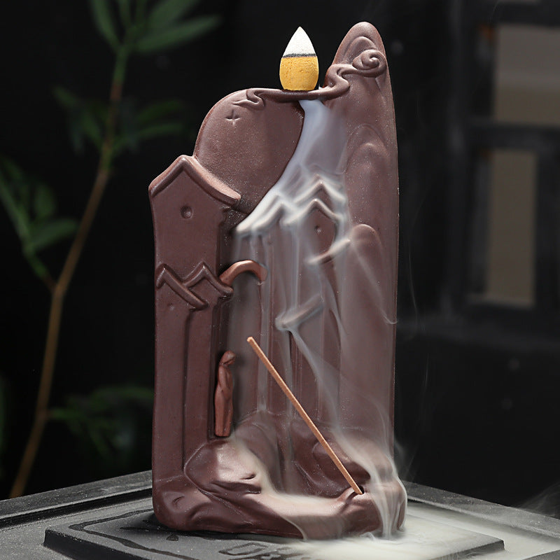 KTX-006483 Ceramic Incense Burner with Flying Dragon and Mountain Water Design, 11cm Long and 15cm High