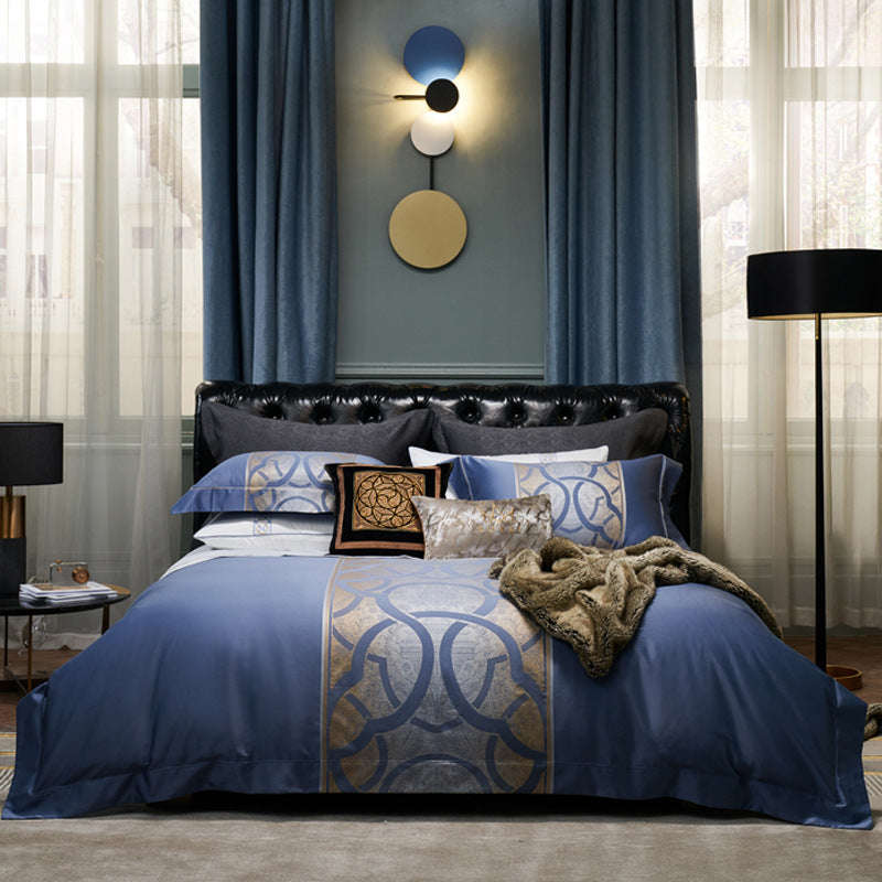 KTX-008019 Cotton Four-Piece Bedding Set with Geometric Pattern for Queen and King Size Beds