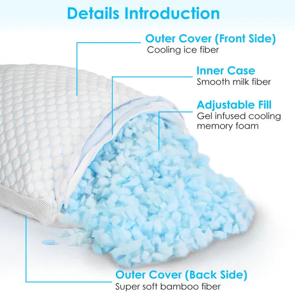 KTX-009683 Adjustable Shredded Memory Foam Pillow with Double-Sided Cooling and Bamboo Cover, Machine Washable
