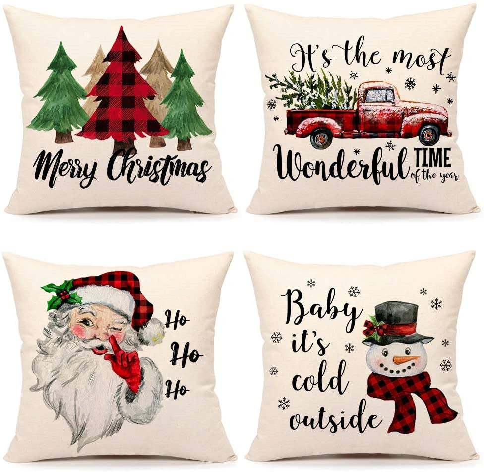 KTX-009683 Christmas Santa Linen Pillowcase for Sofa Cushion - 45cm x 45cm, Digital Print Design, Plain Back