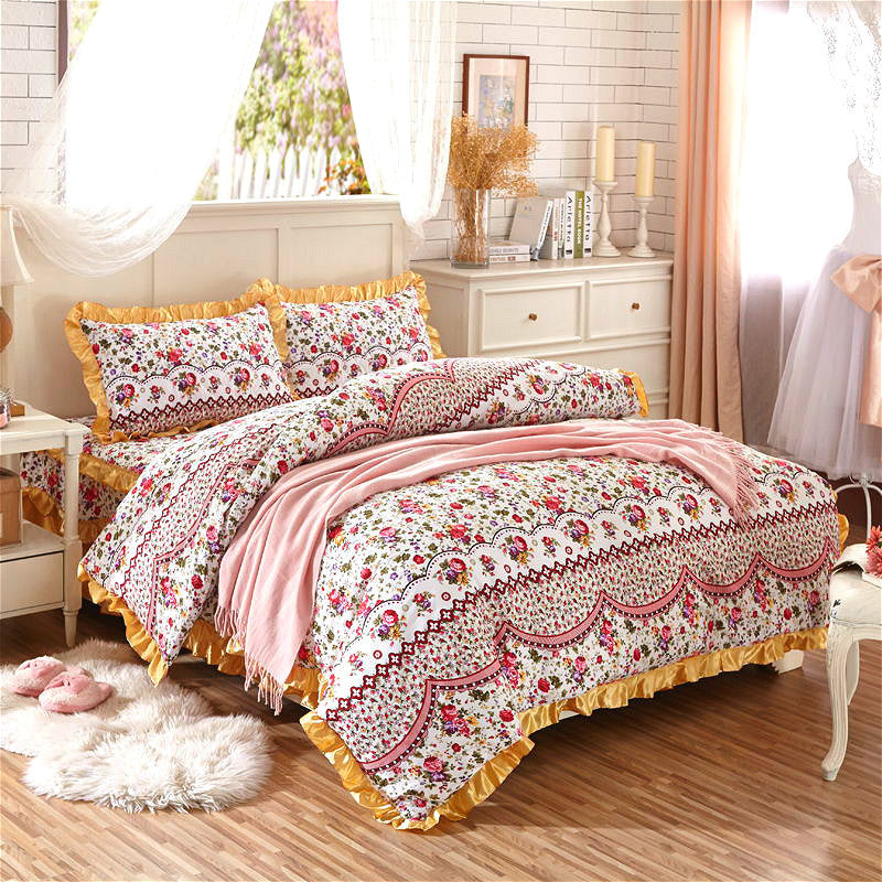 KTX-010323 Thickened Non-Slip Cotton Bed Sheet with Romantic Lace Design