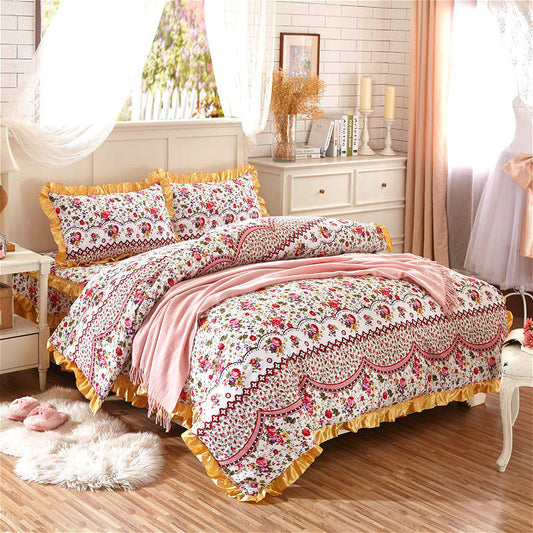 KTX-010323 Thickened Non-Slip Cotton Bed Sheet with Romantic Lace Design