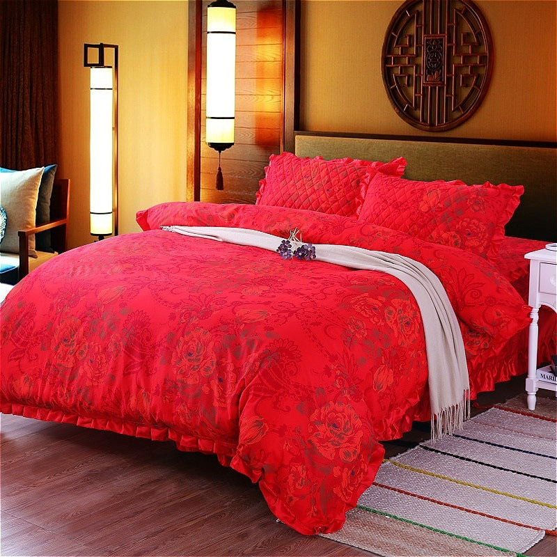 KTX-010323 Thickened Non-Slip Cotton Bed Sheet with Romantic Lace Design