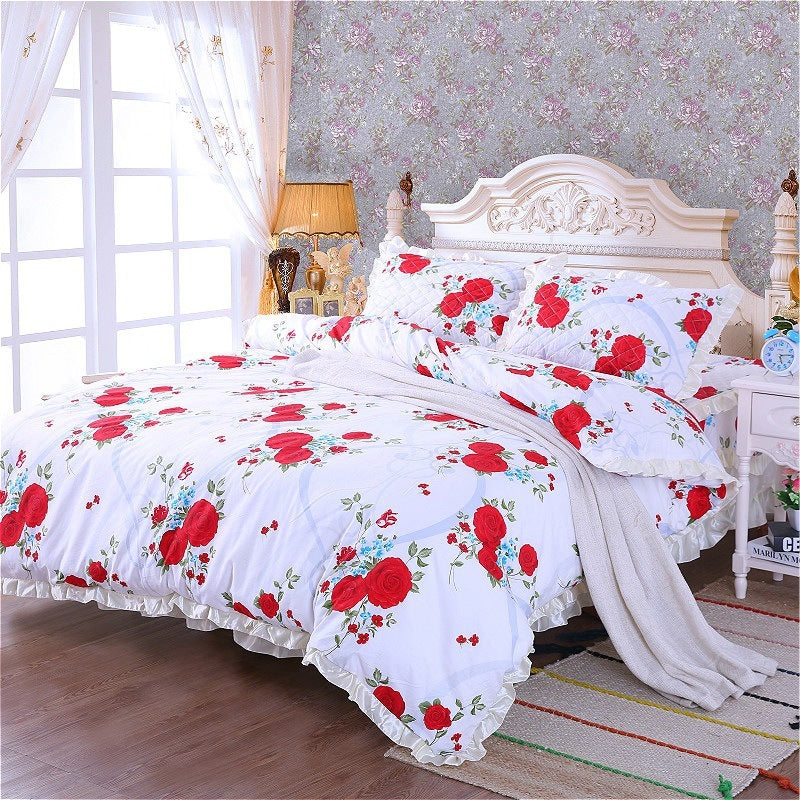 KTX-010323 Thickened Non-Slip Cotton Bed Sheet with Romantic Lace Design