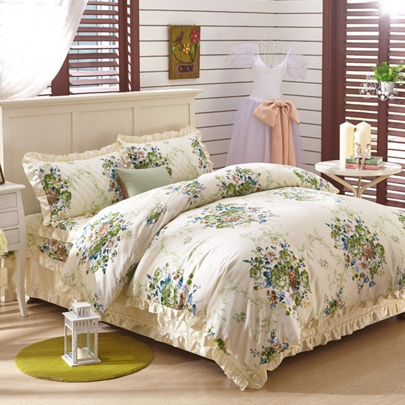 KTX-010323 Thickened Non-Slip Cotton Bed Sheet with Romantic Lace Design