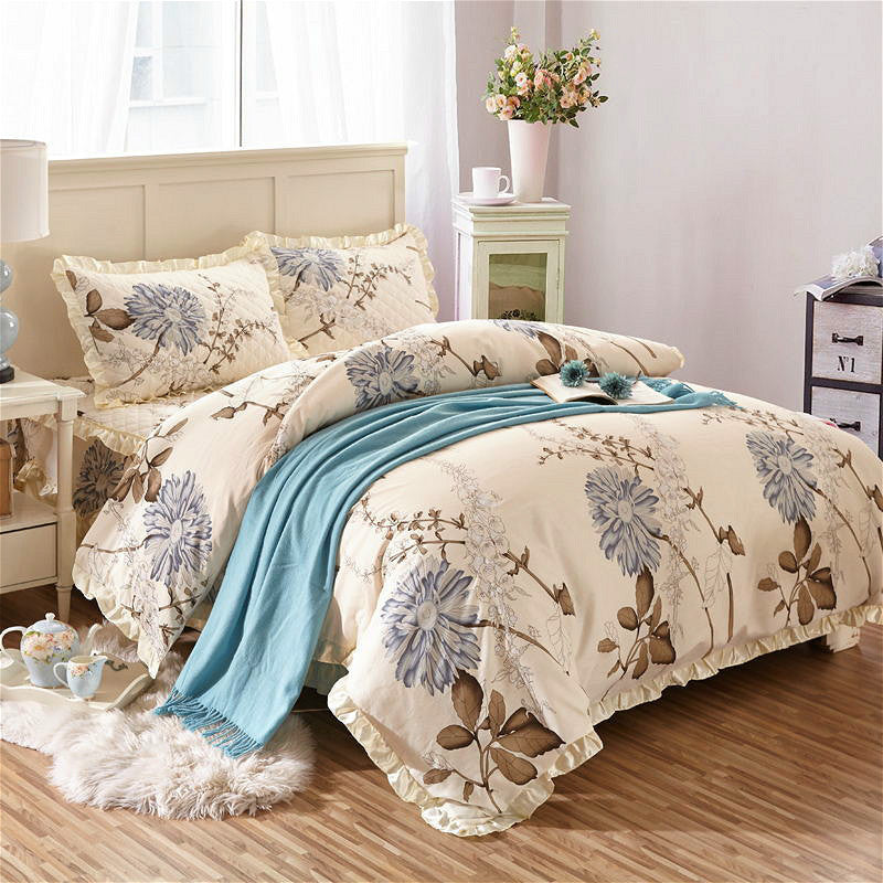 KTX-010323 Thickened Non-Slip Cotton Bed Sheet with Romantic Lace Design