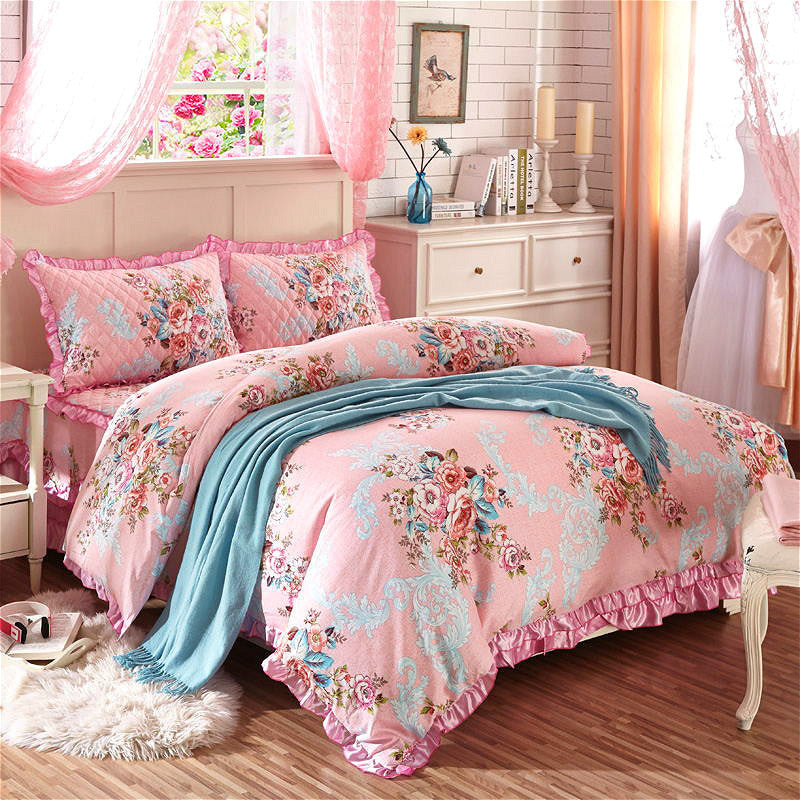 KTX-010323 Thickened Non-Slip Cotton Bed Sheet with Romantic Lace Design