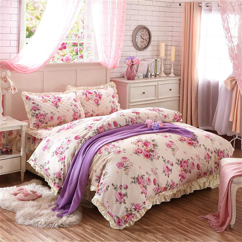 KTX-010323 Thickened Non-Slip Cotton Bed Sheet with Romantic Lace Design
