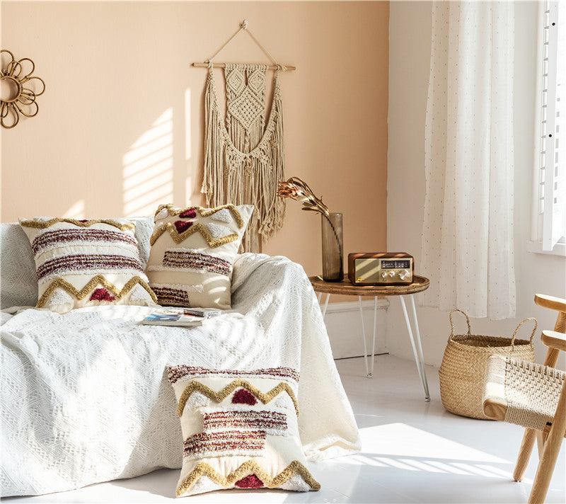 KTX-012435 Indian Embroidered Tufted Pillow with Tassels - 45x45cm Plush Cover