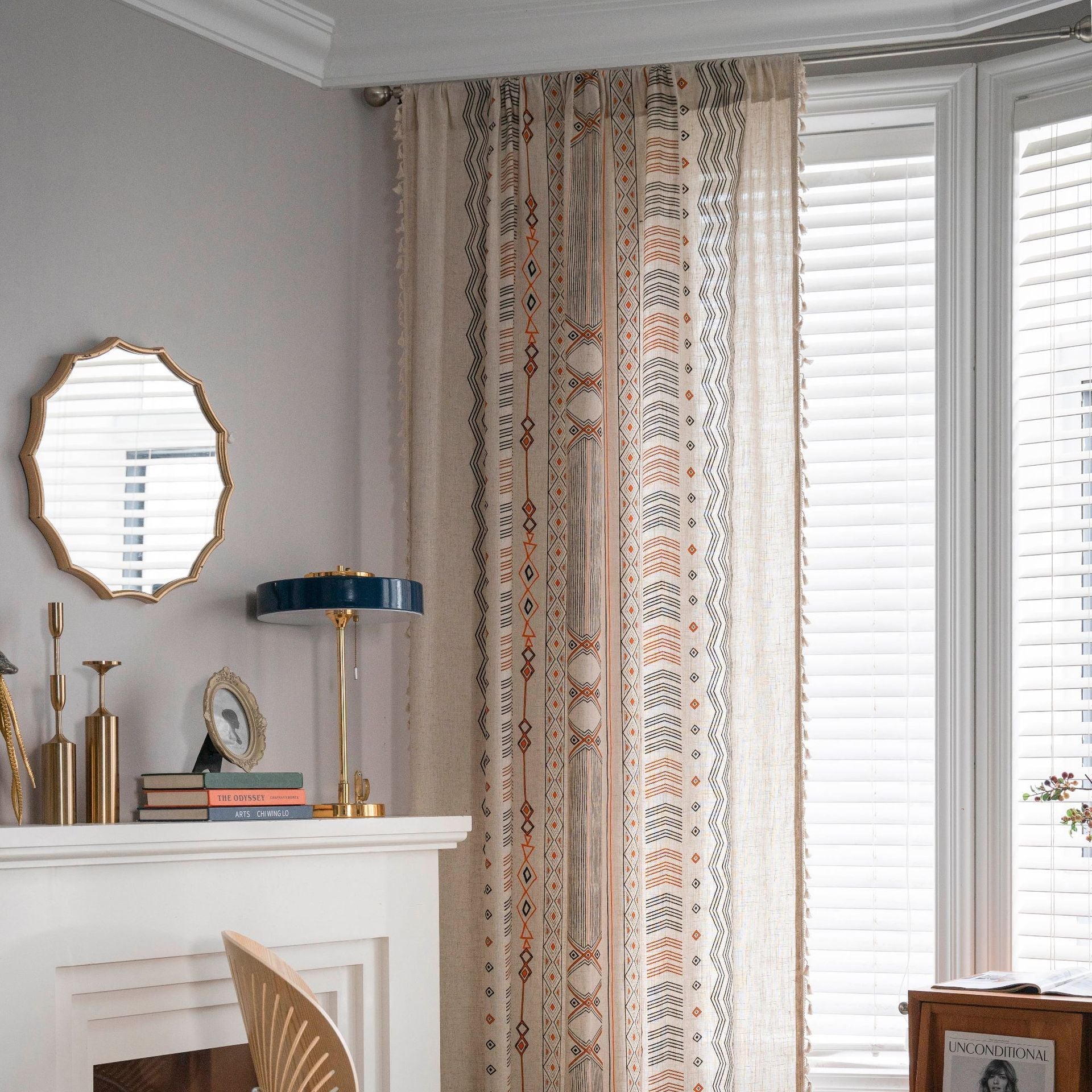 KTX-013011 Boho Cream Cotton and Linen Print Sun Shade Curtain Fabric - Semi-Shading Options