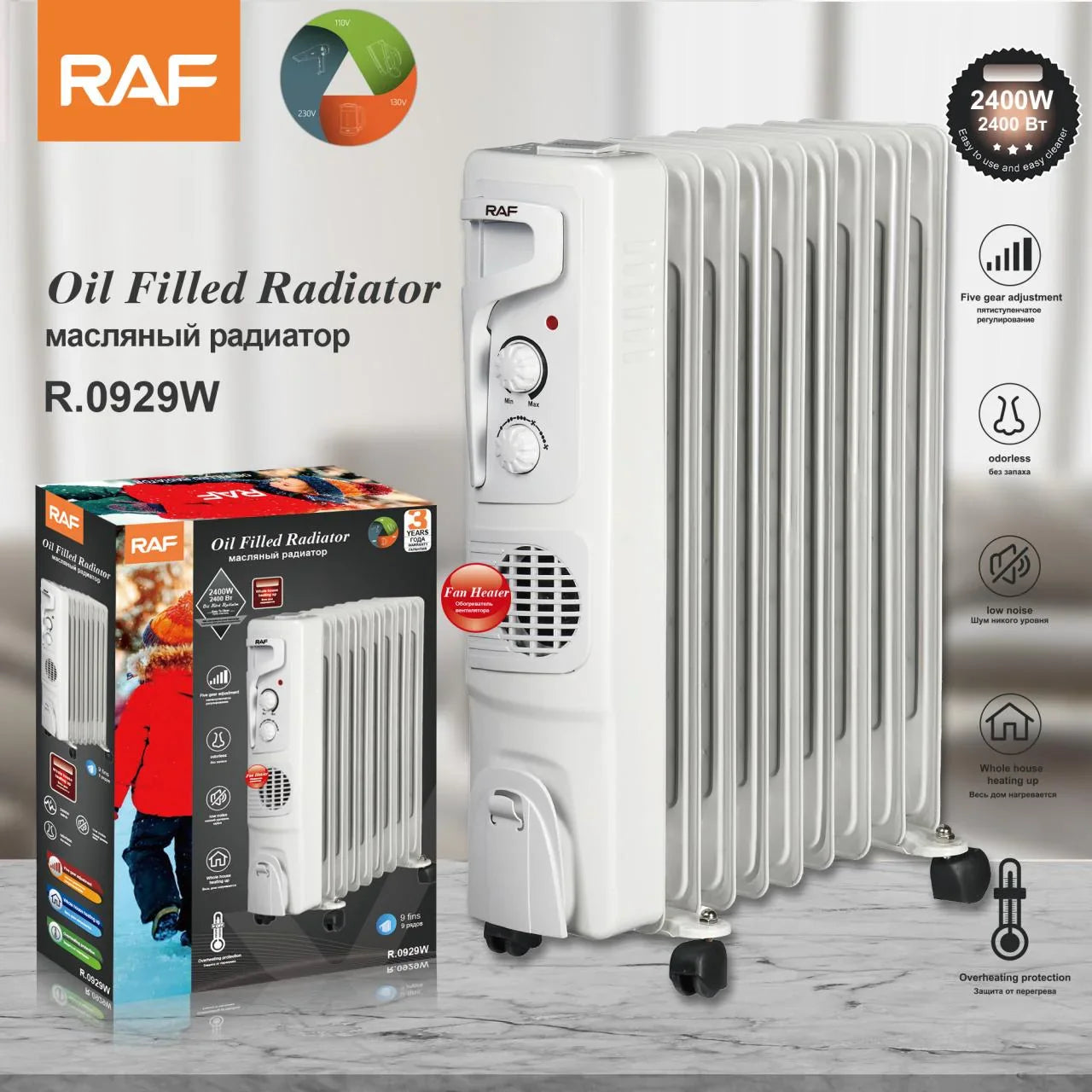 KTX-013075 2400W Oil Filled Radiator with Adjustable Thermostat and Silent Fan Heater for Efficient Home Heating