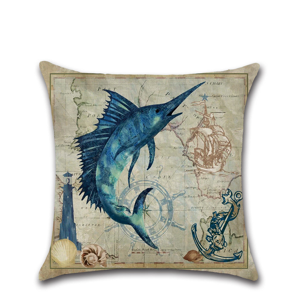 KTX-013139 Marine Life Cartoon Pillowcases - Sea Turtle, Swordfish, Starfish, Jellyfish, Octopus, Sea Fish - 45x45 cm