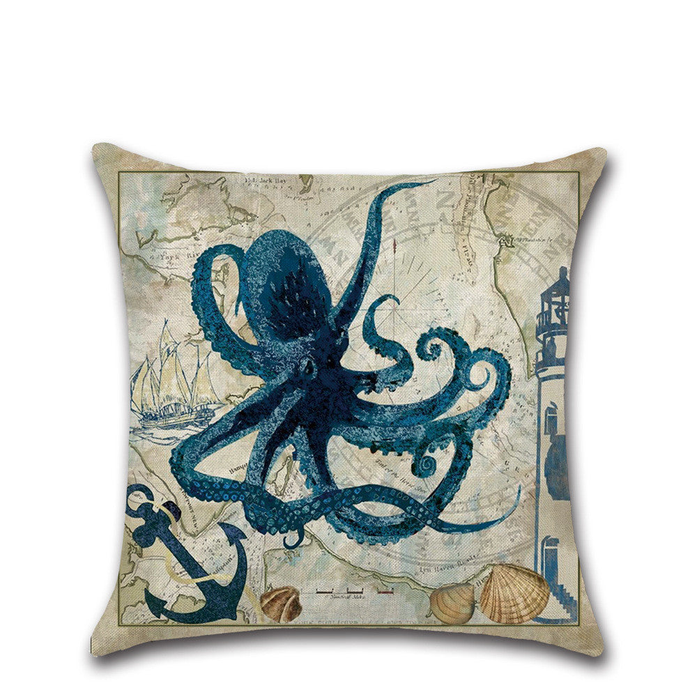 KTX-013139 Marine Life Cartoon Pillowcases - Sea Turtle, Swordfish, Starfish, Jellyfish, Octopus, Sea Fish - 45x45 cm