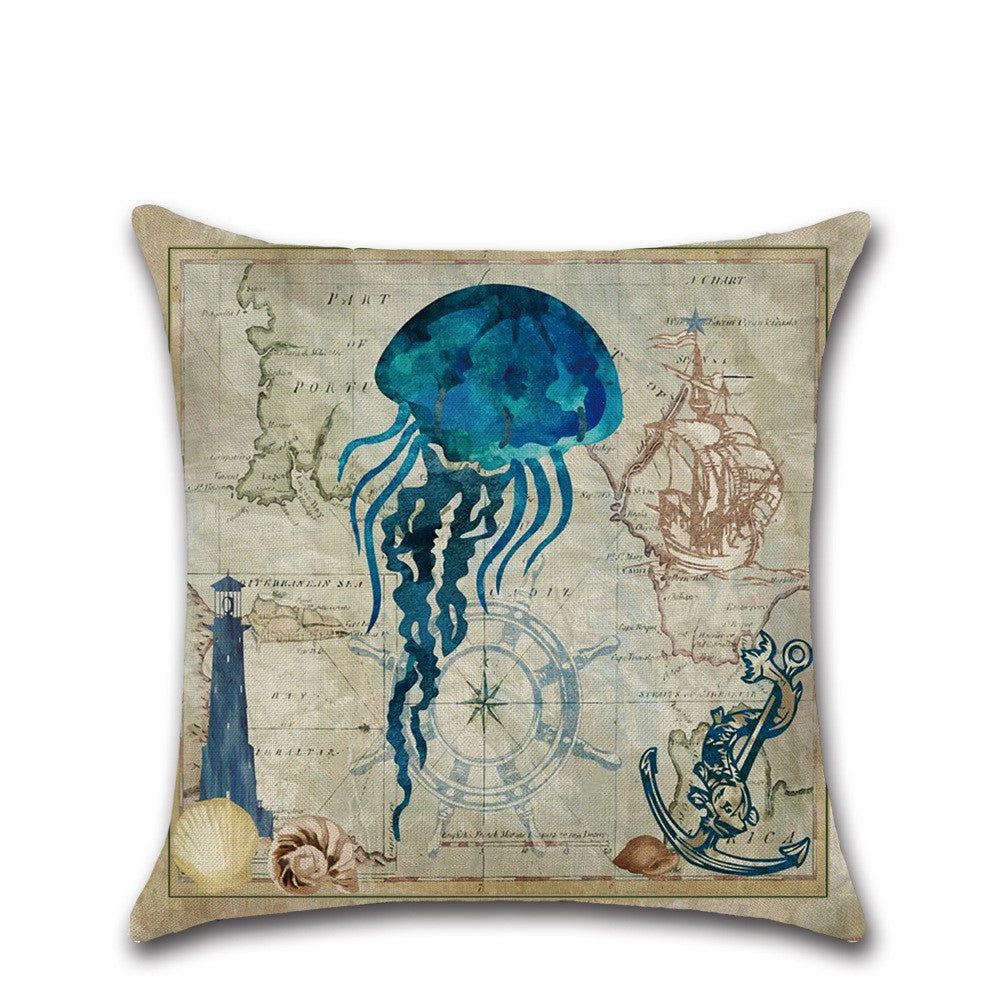 KTX-013139 Marine Life Cartoon Pillowcases - Sea Turtle, Swordfish, Starfish, Jellyfish, Octopus, Sea Fish - 45x45 cm