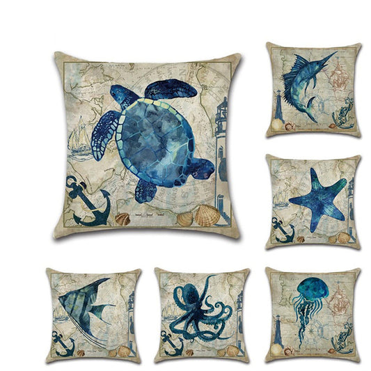 KTX-013139 Marine Life Cartoon Pillowcases - Sea Turtle, Swordfish, Starfish, Jellyfish, Octopus, Sea Fish - 45x45 cm