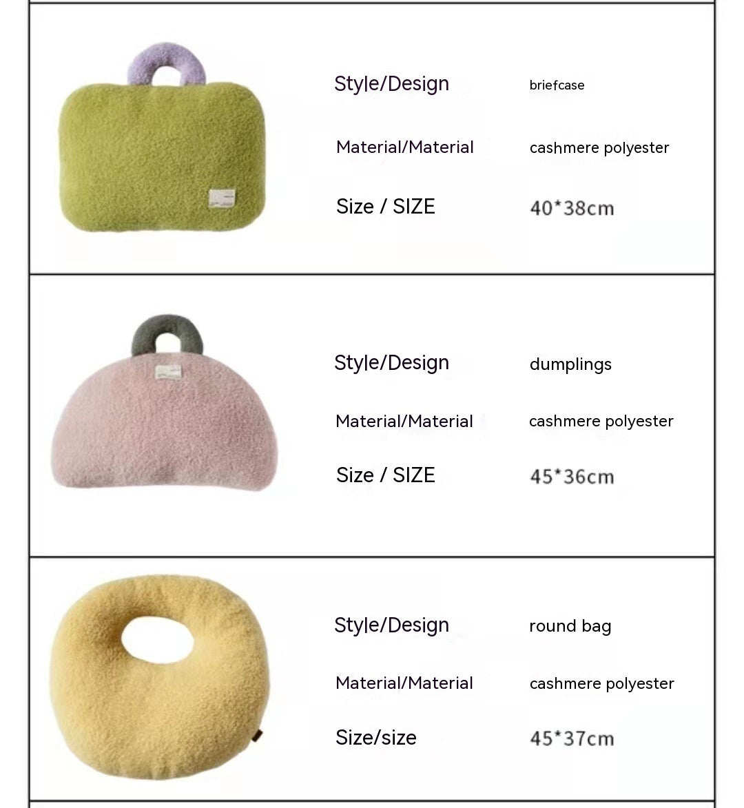 KTX-014419 Personality Plush Backrest Pillow in Briefcase, Dumpling Bag, and Round Bag Shapes