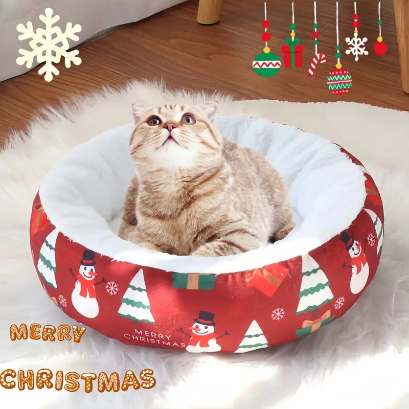KTX-014739 Christmas-Themed Warm Pet Beds for Small and Medium Dogs and Cats, Available in Multiple Sizes