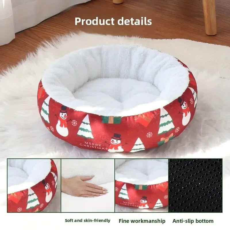 KTX-014739 Christmas-Themed Warm Pet Beds for Small and Medium Dogs and Cats, Available in Multiple Sizes
