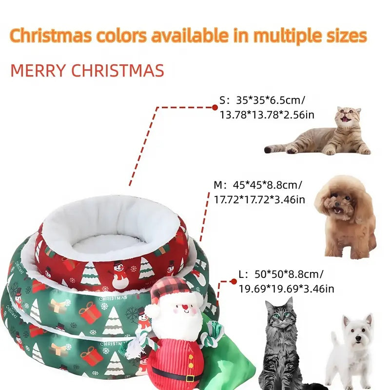 KTX-014739 Christmas-Themed Warm Pet Beds for Small and Medium Dogs and Cats, Available in Multiple Sizes