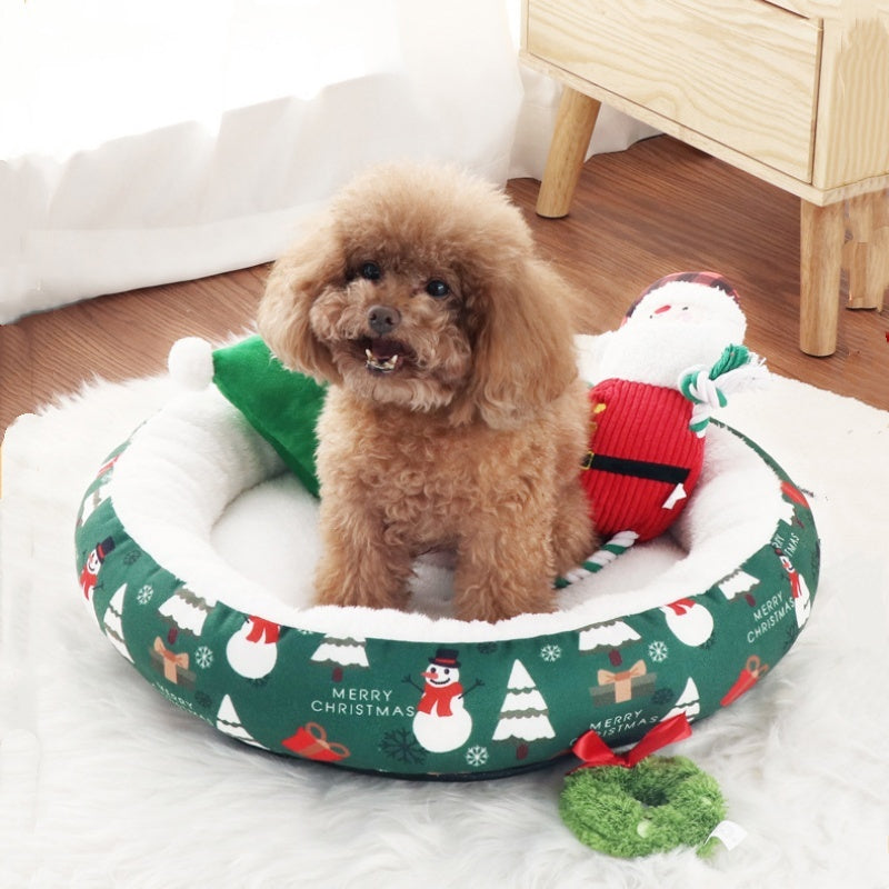 KTX-014739 Christmas-Themed Warm Pet Beds for Small and Medium Dogs and Cats, Available in Multiple Sizes