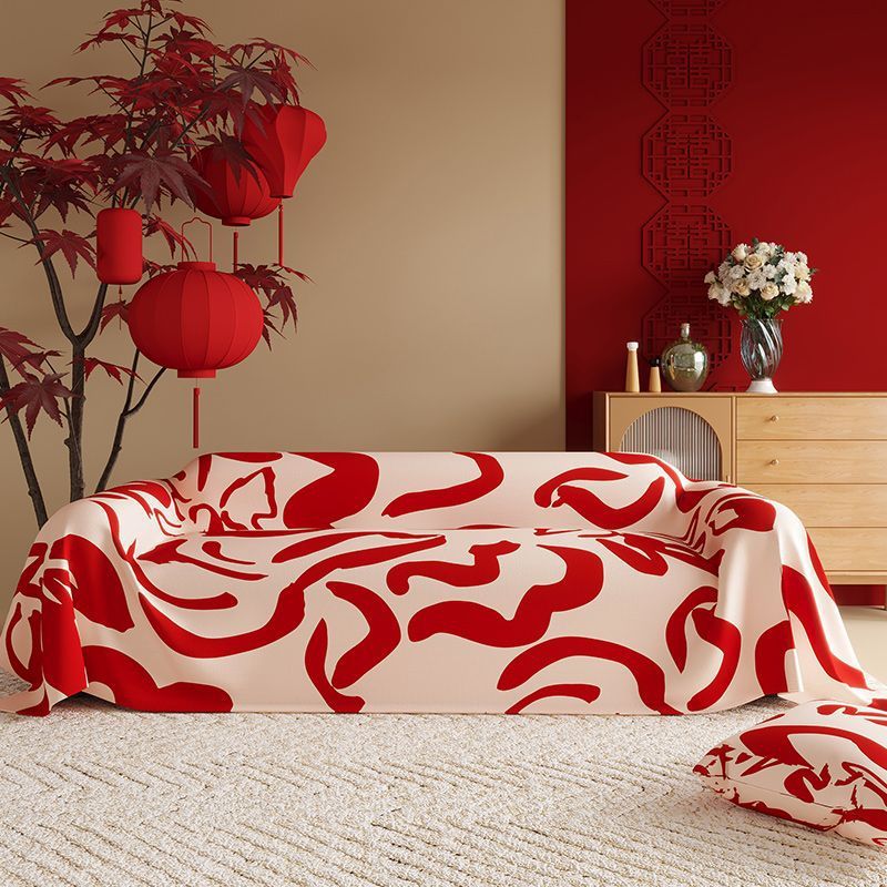 KTX-015507 New Chinese Style Red Polyester Sofa Cover with Floral Pattern for Wedding Decor
