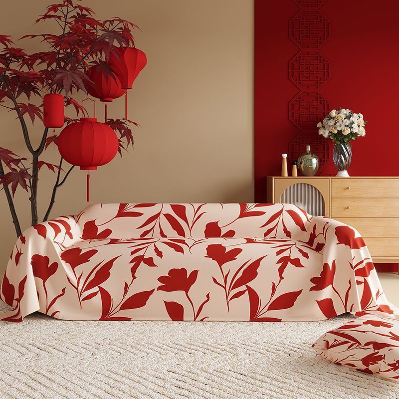 KTX-015507 New Chinese Style Red Polyester Sofa Cover with Floral Pattern for Wedding Decor