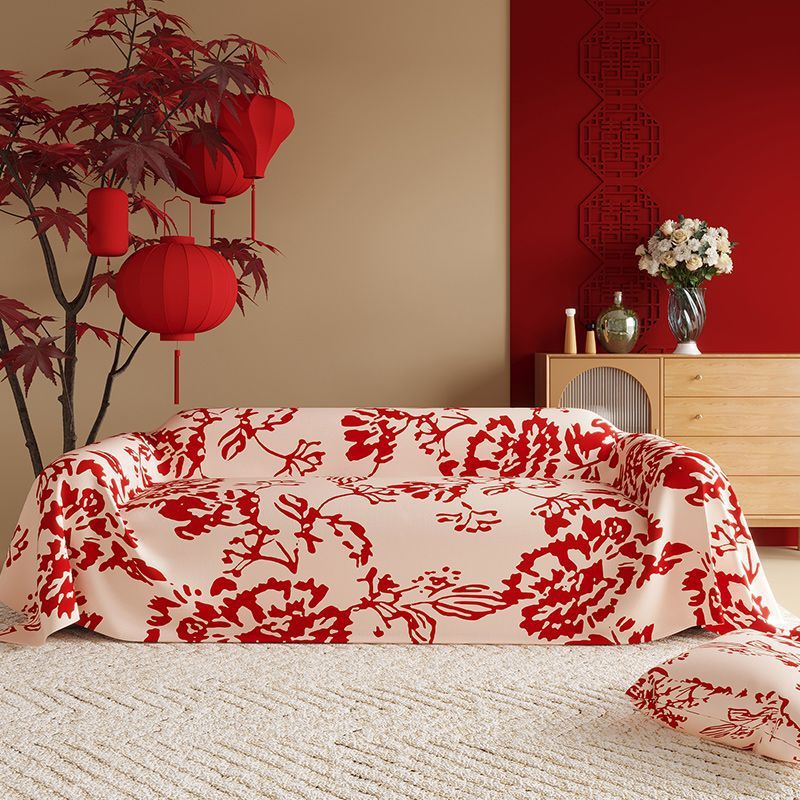KTX-015507 New Chinese Style Red Polyester Sofa Cover with Floral Pattern for Wedding Decor