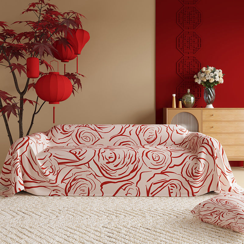 KTX-015507 New Chinese Style Red Polyester Sofa Cover with Floral Pattern for Wedding Decor