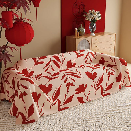KTX-015507 New Chinese Style Red Polyester Sofa Cover with Floral Pattern for Wedding Decor