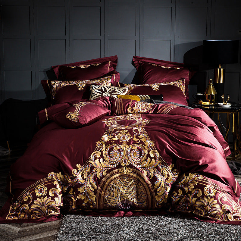 KTX-016531 Four-Piece Cotton Embroidery Bedding Set - Personalized Duvet Cover & Bed Sheet with Pillowcases