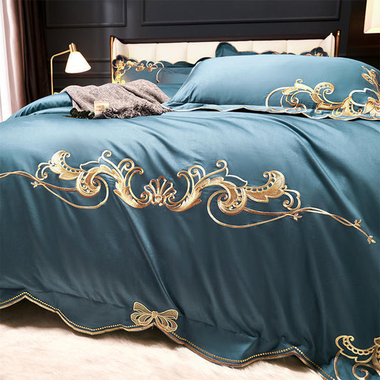 KTX-018387 Solid Color Embroidered Velvet Four-Piece Bed Sheet Set in Various Sizes