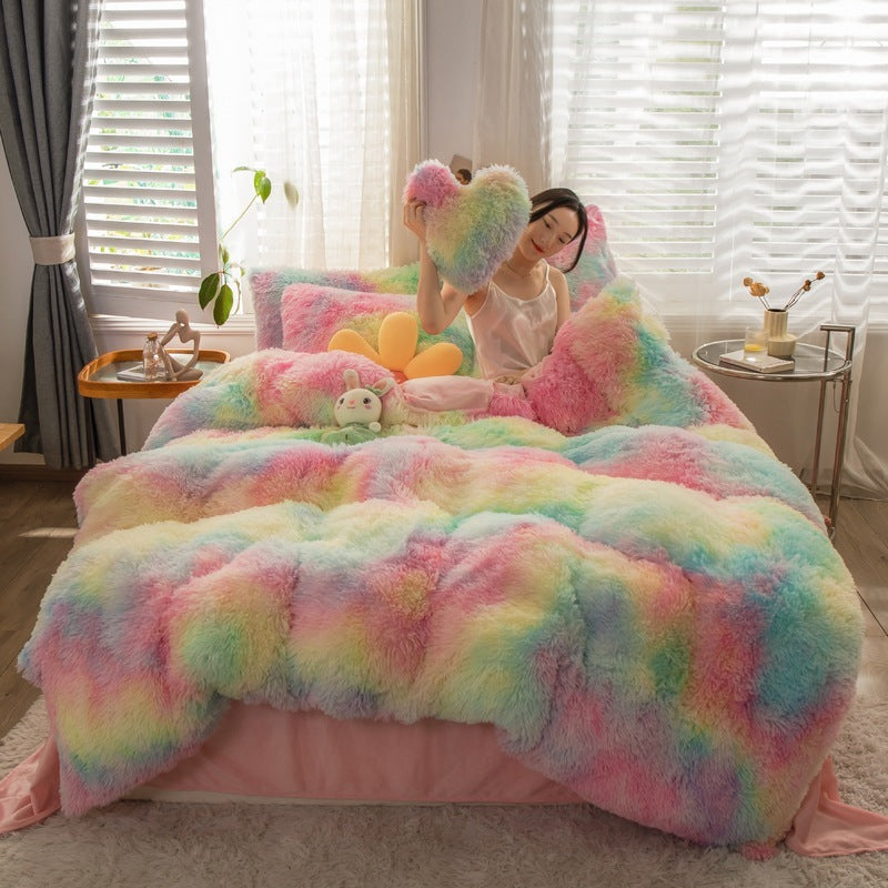 KTX-019219 Mink Velvet Four-Piece Thickened Warm Bedding Set - Princess Style with Colorful Prints