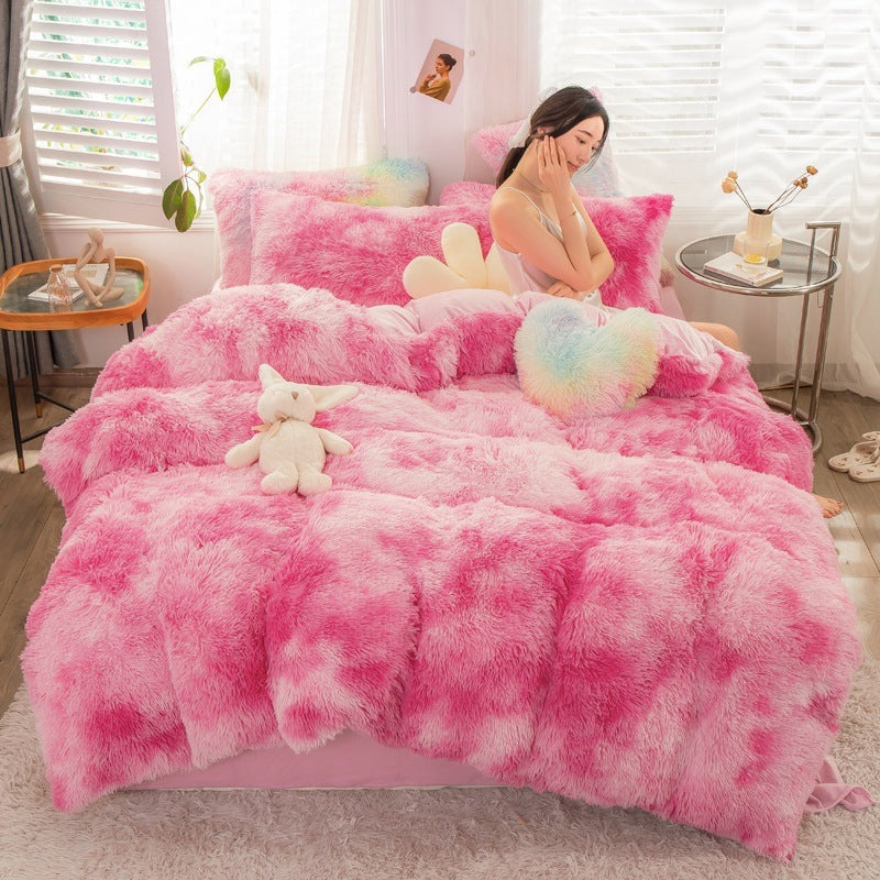 KTX-019219 Mink Velvet Four-Piece Thickened Warm Bedding Set - Princess Style with Colorful Prints
