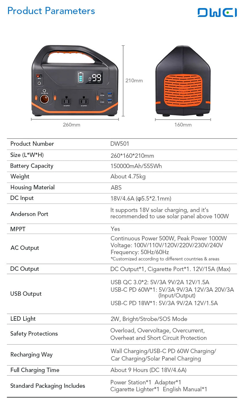 KTX-019411 Portable 600W Outdoor Solar Energy Storage Power Supply with Multi-Port Outputs