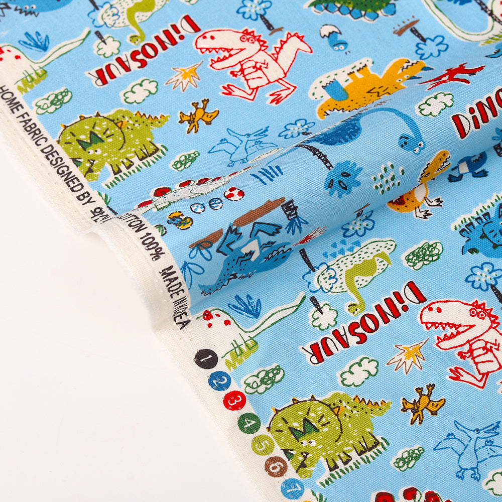 KTX-022035 Cotton Canvas DIY Fabric featuring Cute Cartoon Dinosaurs - Available in Blue and White, 110CMx45CM